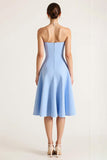 Sky Blue Satin Strapless A Line Midi Graduation Dress