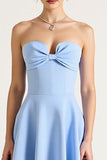 Sky Blue Satin Strapless A Line Midi Graduation Dress