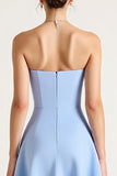 Sky Blue Satin Strapless A Line Midi Graduation Dress