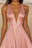 Pink Satin A Line Deep V Neck Short Cocktail Dress