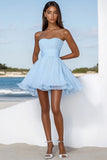 Sky Blue Chiffon A Line Strapless Pleated Short Graduation Dress