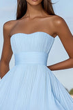Sky Blue Chiffon A Line Strapless Pleated Short Graduation Dress