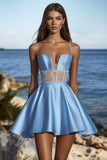 Blue Satin Spaghetti Straps A Line Short Cocktail Dress with Lace