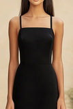 Black Satin Square Neck Ruffled Midi Bodycon Formal Dress