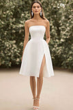 White Satin A Line Strapless Short Graduation Dress with Slit