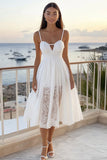 White Lace Spaghetti Straps A Line Midi Graduation Dress with Keyhole