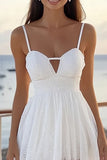 White Lace Spaghetti Straps A Line Midi Graduation Dress with Keyhole