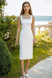White Bodycon Square Neck Satin Midi Graduation Dress