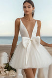 Cute White V Neck Tulle Short Graduation Dress with Bow