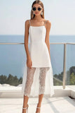 White A Line Spaghetti Straps Midi Graduation Dress with Lace