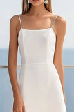 White A Line Spaghetti Straps Midi Graduation Dress with Lace