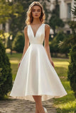White Satin A Line V Neck Midi Graduation Dress