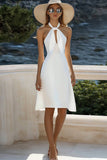 A Line Halter White Cut Out Midi Graduation Dress