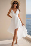 White Chiffon A Line Ruffled V Neck High-Low Graduation Dress
