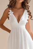 White Chiffon A Line Ruffled V Neck High-Low Graduation Dress