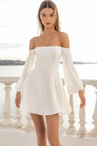 White A Line Off The Shoulder Long Sleeves Short Graduation Dress