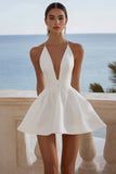 White V Neck A Line Satin Short Graduation Dress