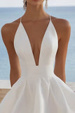 White V Neck A Line Satin Short Graduation Dress