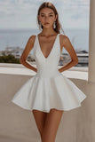 White A Line V Neck Sleeveless Short Graduation Dress