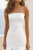 White Sheath Chiffon Strapless Ruffled Long Formal Dress with Slit