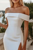Satin White Mermaid Off the Shoulder Long Formal Dress with Slit