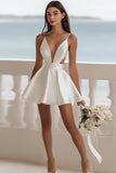 A Line V Neck White Satin Short Graduation Dress