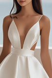 A Line V Neck White Satin Short Graduation Dress