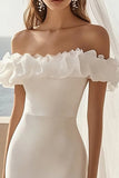 White Satin Off The Shoulder Ruffled Bodycon Midi Graduation Dress with Slit