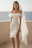 White Satin Off The Shoulder Ruffled Bodycon Midi Graduation Dress with Slit