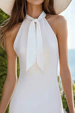 White Satin High Neck Bodycon Short Graduation Dress