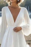 White Chiffon A Line Long Sleeves Short Graduation Dress