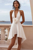 White Chiffon A Line Halter Short Graduation Dress with 3D Flower