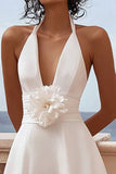 White Chiffon A Line Halter Short Graduation Dress with 3D Flower