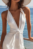 White Satin V Neck Bodycon Short Graduation Dress with Sash