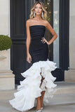 Black White Mermaid Strapless Ruffled High-Low Formal Dress