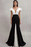Black White A Line Ruffled V Neck Cap Sleeves Long Formal Dress