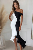 Black White Asymmetrical Neck Ruffled Mermaid Midi Formal Dress