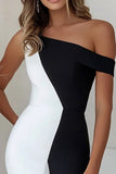 Black White Asymmetrical Neck Ruffled Mermaid Midi Formal Dress