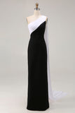 Black and White Sheath One Shoulder Long Formal Dress with Streamer