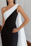 Black White Sheath Satin One Shoulder Long Formal Dress with Side Cape