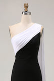 Black and White Sheath One Shoulder Long Formal Dress with Streamer