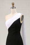 Black and White Sheath One Shoulder Long Formal Dress with Streamer