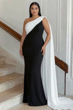 Black White Sheath Satin One Shoulder Long Formal Dress with Side Cape