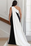 Black White Sheath Satin One Shoulder Long Formal Dress with Side Cape