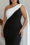 Black and White One Shoulder Sheath Plus Size Long Formal Dress with Streamer