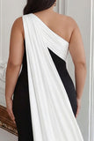 Black and White One Shoulder Sheath Plus Size Long Formal Dress with Streamer