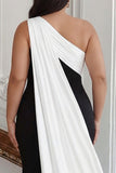 Black White Sheath Satin One Shoulder Long Formal Dress with Side Cape