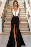 Black White Mermaid V Neck Long Formal Dress with Slit
