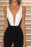 Black White Mermaid V Neck Long Formal Dress with Slit