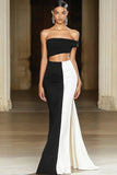 Black White Satin Mermaid 2-Piece Long Formal Dress